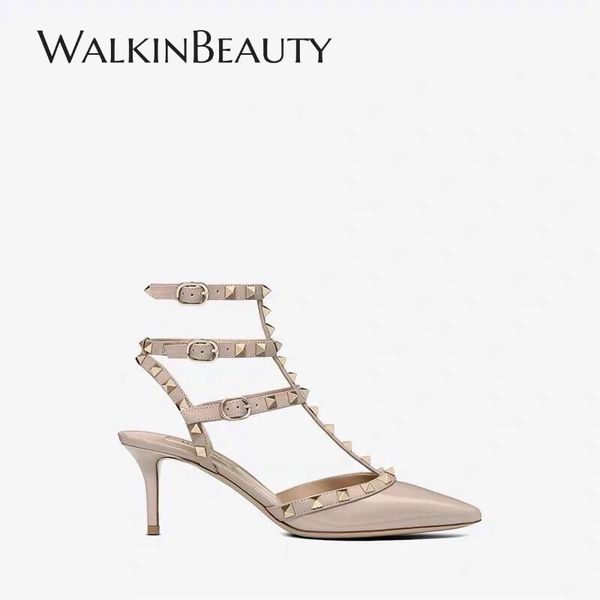 

genuine leather buckle strap fashion ankle strap spike heels rivet sandalias mujer 2020 luxury designer women's shoes, Black