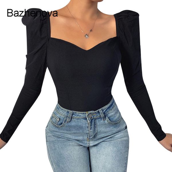 

bazhenova women's long puff sleeve square collar shirt casual female office blouses autumn t1268, White