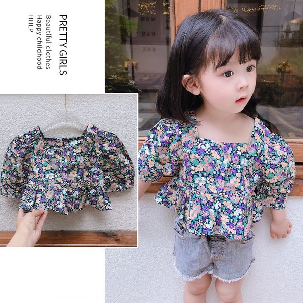 

2020 girls summer new french short shirt skirt small square collar clavicle floral temperament shirt children's short sleeve skirt, White;black