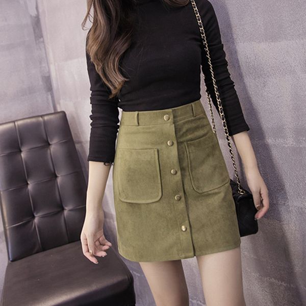 

women skirts faux suede skirts vintage a-line high waist bodycon button short mini female, Black