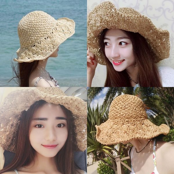 

korean handmade big edge straw straw sunscreen hat female foldable summer versatile hipster seaside holiday sunscreen hat, Blue;gray