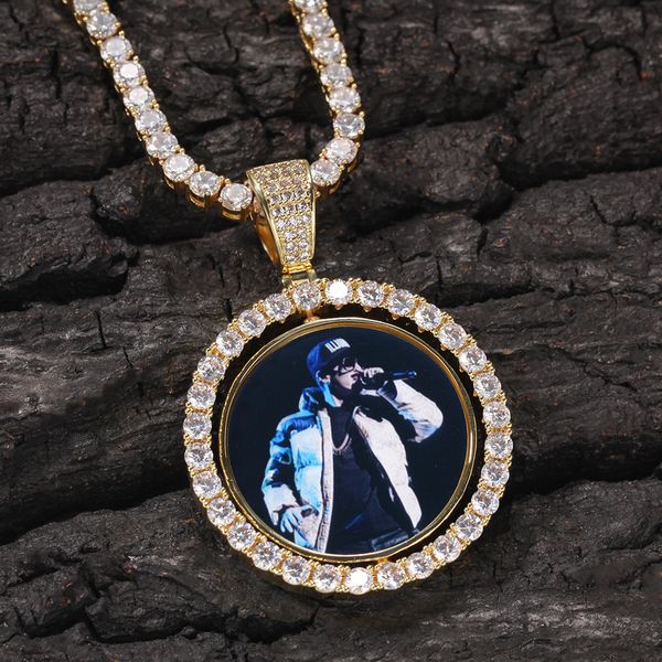 Collana con pendente a medaglioni rotanti con foto su misura Hotsale con gioielli hip-hop con catena a corda da 24 pollici