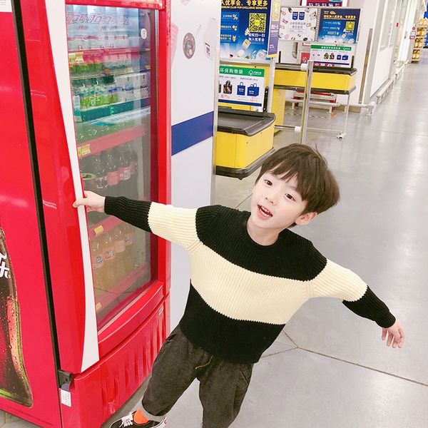 

rrgc8 korean fashion men's children's new 2020 autumn pullover black and white striped pullover sweater cotton knitted sweater for, Blue