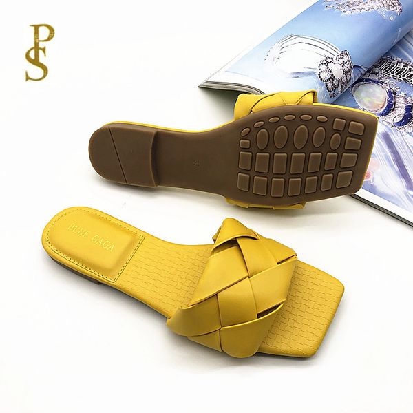 

weaving pu vamp slippers ladies comfortable flat shoes square headed simple atmospheric slippers, Black