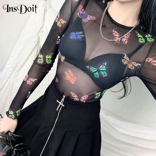 

insdoit see through mesh long sleeve bodycon goth harajuku black women t shirt streetwear casual slim transparent tees, White