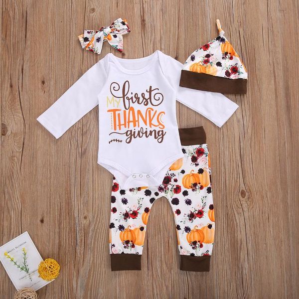 

clothing sets baby halloween clothes suit long sleeve letter romper+pumpkin print trousers+headband hat 4pcs infant autumn cotton outfits, White