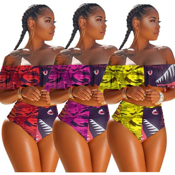 

fashion patchwork women swimwear camouflage shark print swimsuit off shoulder falbala crop bra + shorts 2 piece outfits bikini suit, Blue