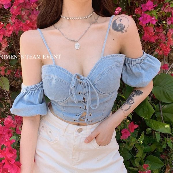 

ruiyifan summer new off- bubble sleeve lace-up short denim for shoulder strap shoulder strap women, Camo