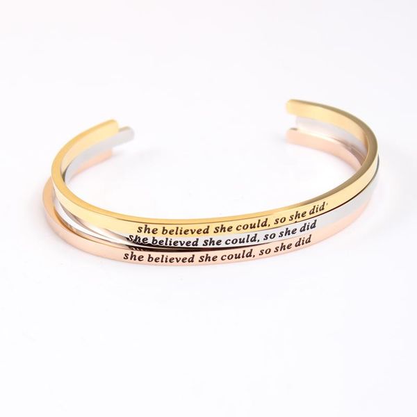 

whole salestainless steel engraved bangle she believed she could so did positive inspirational quote hand stamped cuff mantra bracelet, Black