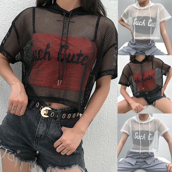 

blackday womens hollow mesh net hooded t-shirt short sleeve tee transparent black swxy clubwear party, White