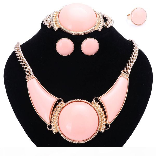 

women party bridal fine african beads jewelry sets for wedding dress accessories pink resin gem necklace earrings rings sets, Slivery;golden