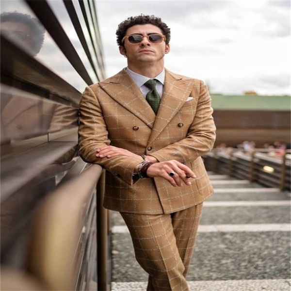 

2020 handsome 2-piece khaki handsome men suits custom made fit slim plaid double-breasted cotton party formal business suit for man, Black;gray