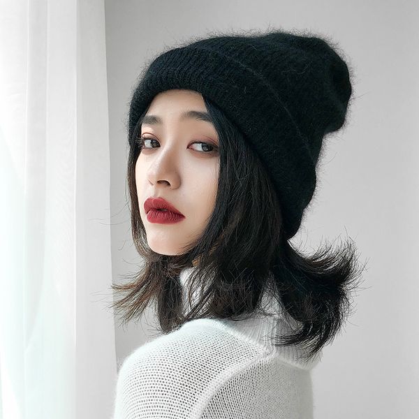 

women's winter beanie hats solid wool blending knitted skullies casual caps for ladies warm gorros thicken bonnet beanie hat, Blue;gray