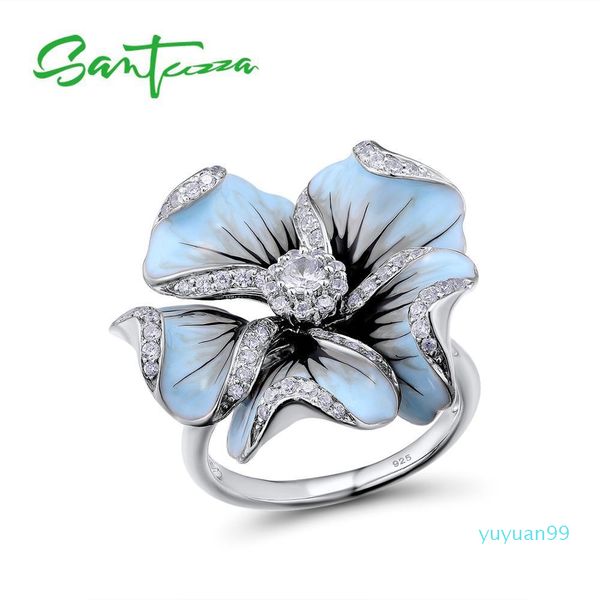 

luxury- silver ring for women blooming flower pure 925 sterling silver cubic zirconia fairytale fashion jewelry handmade enamel y19052201, Slivery;golden