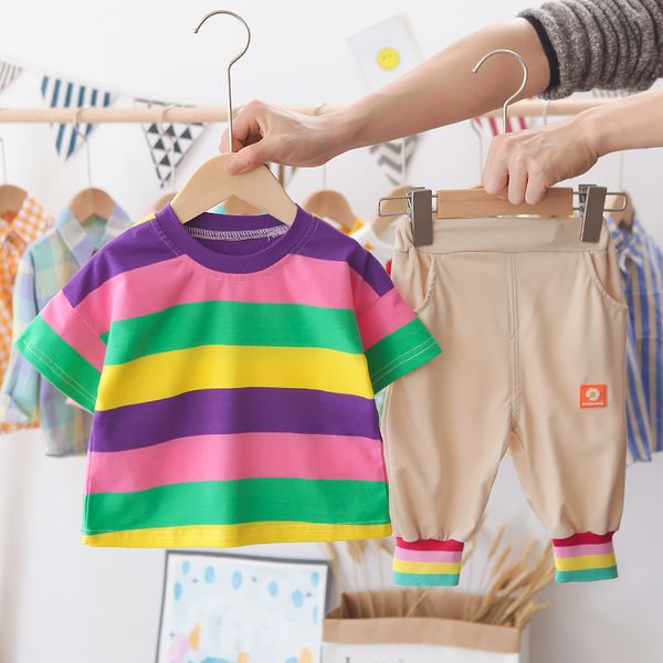 

детские летние одежды корейский моды широкий цветной полосатый с короткими рукавами костюм случайных мужчин и женщин детская одежда выездные, White