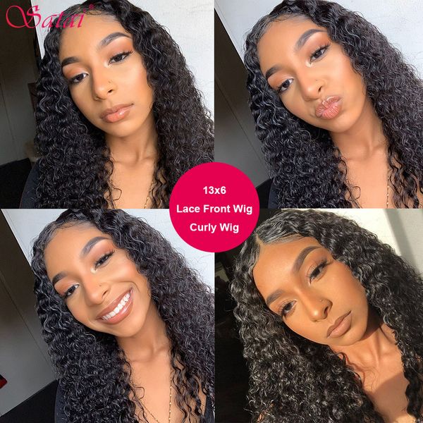 

satai curly human hair wig kinky curly wig 150/180 density brazilian hair 13x6 lace front wigs pre plucked with baby hair, Black