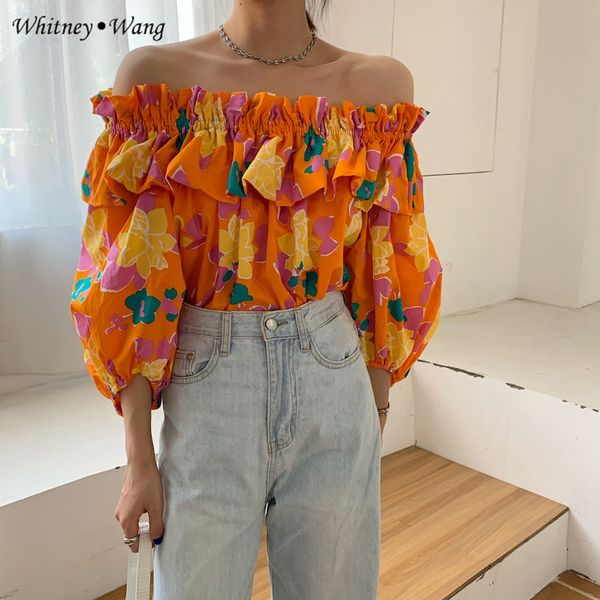 

whitney wang blouses 2020 summer fashion streetwear slash neck florals printed blouse women blusas lady shirt, White