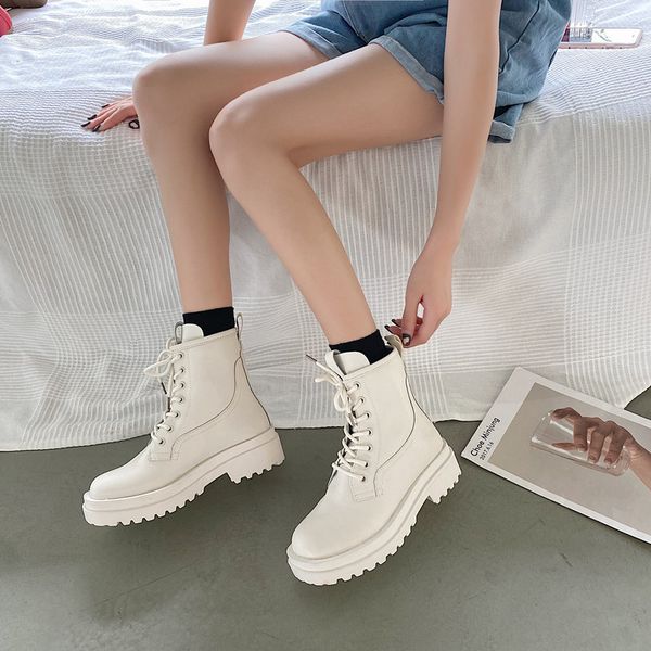 

white ankle boots booties ladies shoes flat heel lace up round toe boots-women luxury designer low summer med rock 2020 rubber, Black