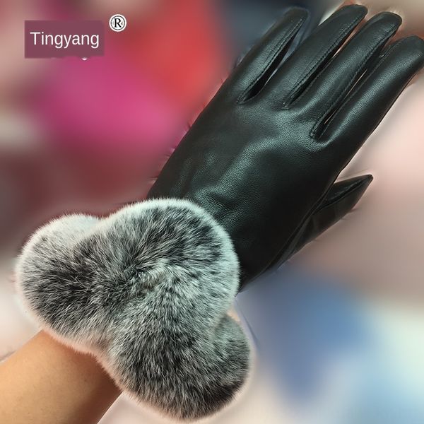 

хайнинг теплые перчатки и кожа зимой женщин кожа rex мех кролика бархатный теплый ветрозащитный первый слой овчины перчатки, Black