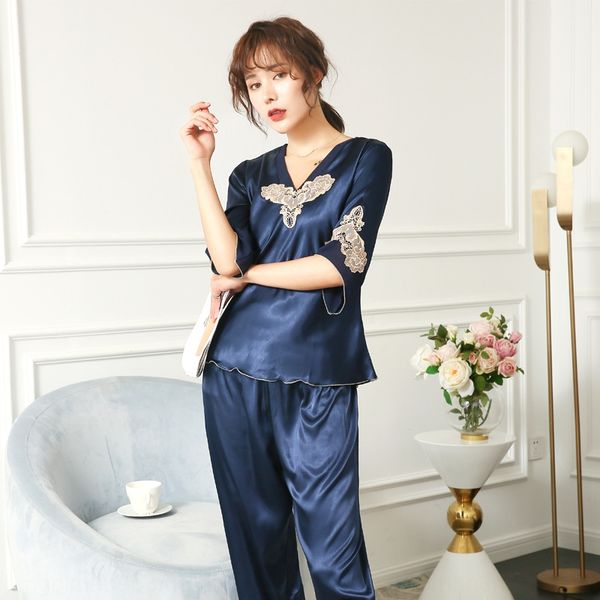 

5ftld summer 2020 new women's pajamas silk 7-point sleeve long pants set thin large size trousers suit home clothes outdoor wear home c, Blue;red