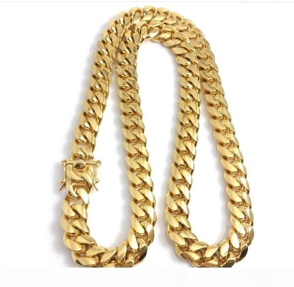 

stainless steel jewelry 24k 18k gold filled plated high polished cuban link necklace for men punk curb chain dragon-beard clasp10mm 12mm, Silver