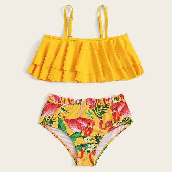 

2020 lovely 2pcs swimsuit baby girls ruffle floral bikinis sets kids child flamingo swimwears high waist bathing suit beachwears, White;black