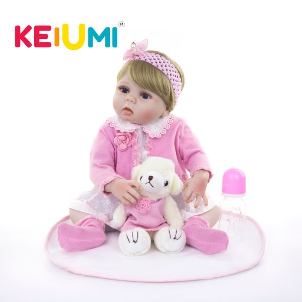 

keiumi 23 inch lifelike full body silicone reborn dolls pure handmade girl baby toy doll for kid christmas gift golden wig hair t200712, White