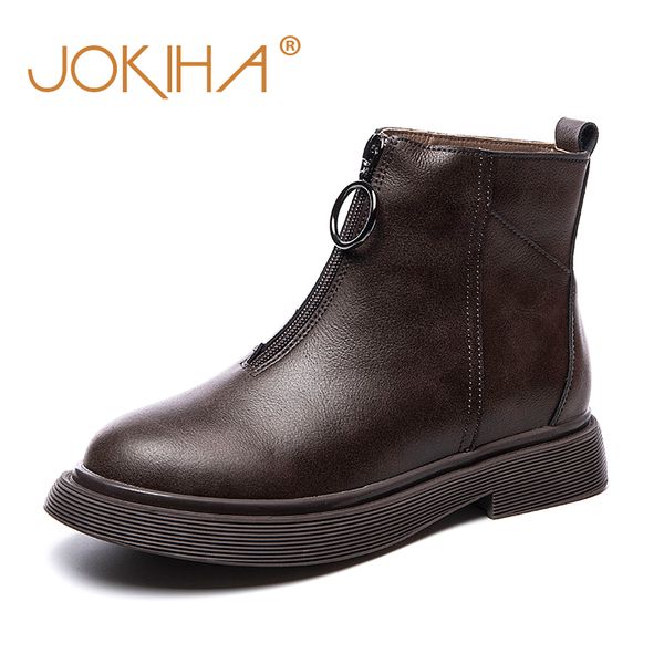 

2020 winter leather ankle boots for women fashion short booties front zipper solder motorcycle boots office lady warm, Black
