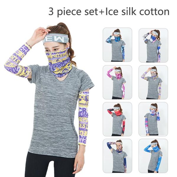 

elbow & knee pads 3pcs a suit ice fabric arm sleeves+face neck scarf outdoor sports riding cycling hiking uv protection sleeve bands, Black;gray