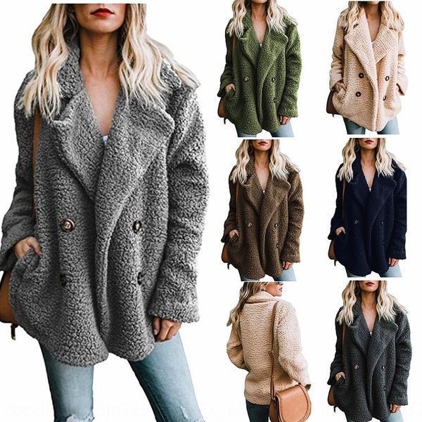 

2020 autumn clothing plush button lapel wear winter women's wear button winter women's dress pocket coat jacket, Black