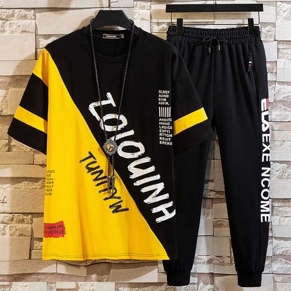 

2020 autumn men's sets hip-hop cotton t-shirt and cropped pant streetwear outfit male suit two piece set casual rap suits, Gray