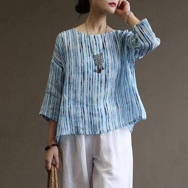 

johnature women blue striped t-shirts ramie women summer cloths 2020 new o-neck patchwork seven sleeve t-shirts, White