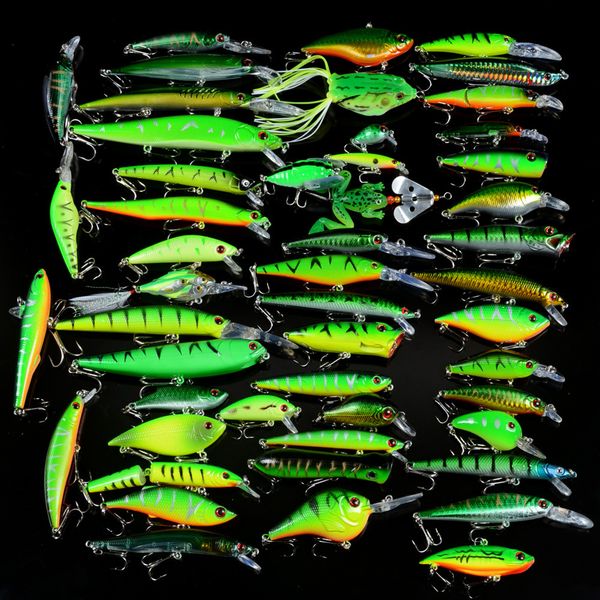 

new 50pcs /set fishing lures mixed 50 varisized minnow crank vib popper lure and rubber soft bass spinnerbait spoon fish tackle