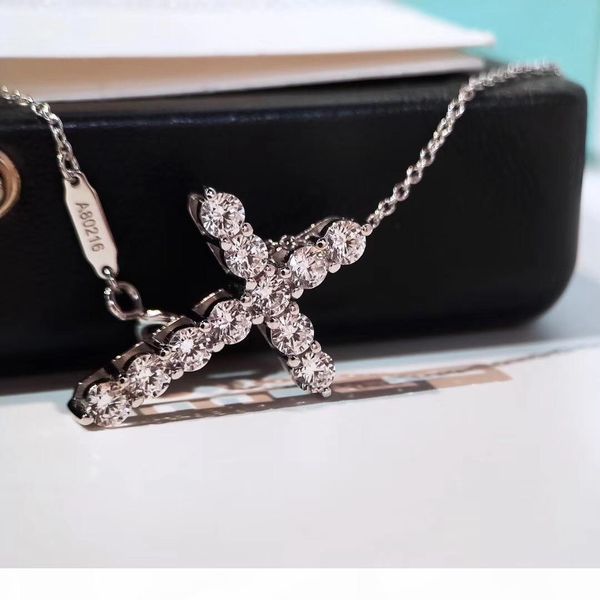 

luxurious quality s925 sterling silver cross with diamond pendant necklace for women wedding gift jewelry drop shipping ps6