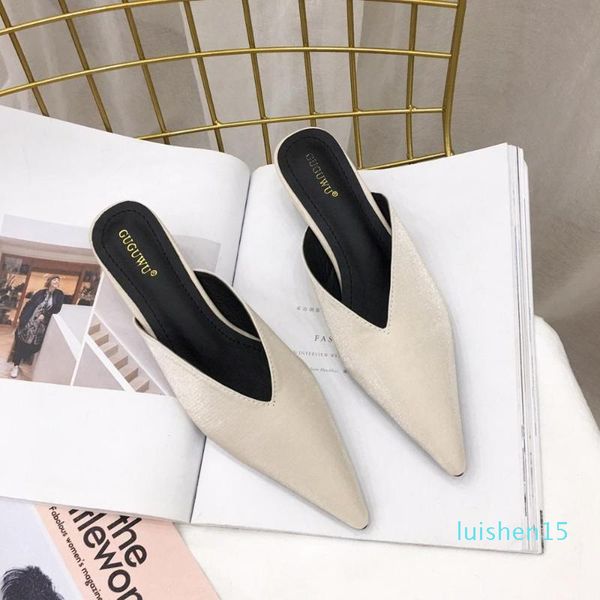 

shoes med woman's slippers slides mules for women 2020 cover toe thin heels fashion new pointed luxury silk fabric pu rome l15, Black