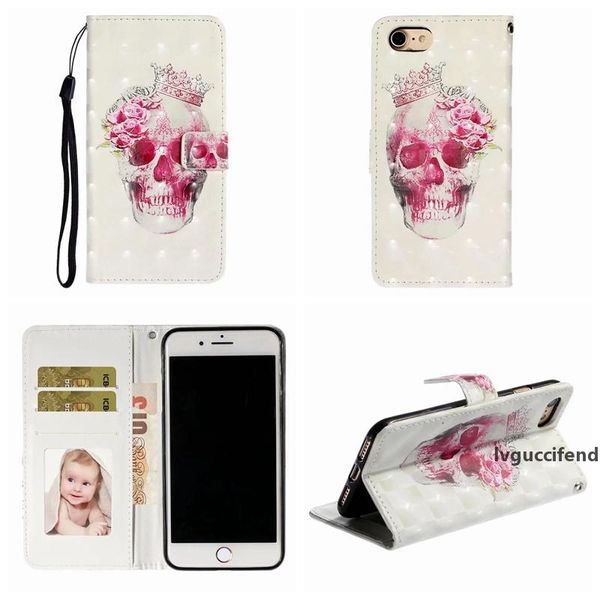 

3d skull leather wallet case for iphone 11 pro max xr xs x 8 7 6 se butterfly flower marble pineapple unicorn card slot holder cover strap