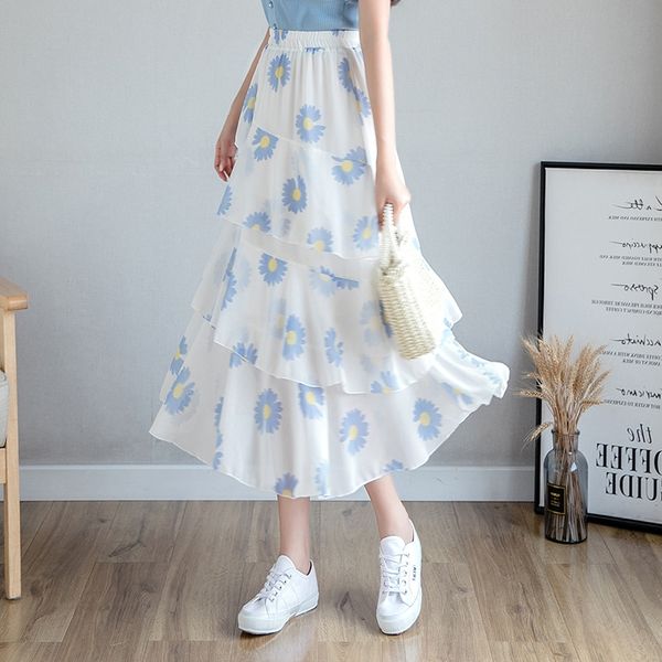 

hipster chiffon 2020 summer new women's elastic waist chiffon cake skirt high waist slimming mid-length cake skirt, Black