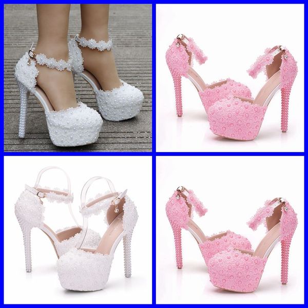

кристалл white lace платформа свадебная обувь 14cm высокий каблук круглый toe свадебная обувь лодыжки ремни женские сандалии насосы, Black