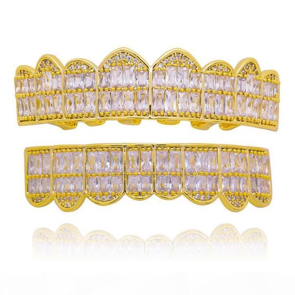 

new ice out teeth grillz for men bling bling cubic zirconia hiphop jewelry 18k gold plated halloween vampire grillz, Black