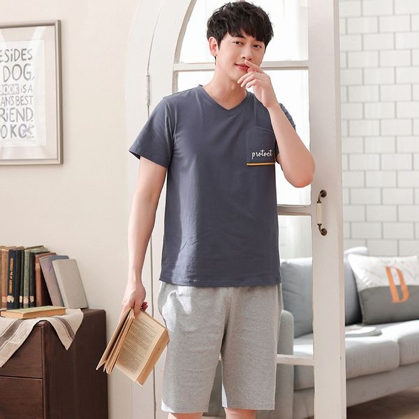 

new cotton pajamas men's summer korean style outdoor short-sleeved casual home and shorts pajamas shorts suit, Black;brown