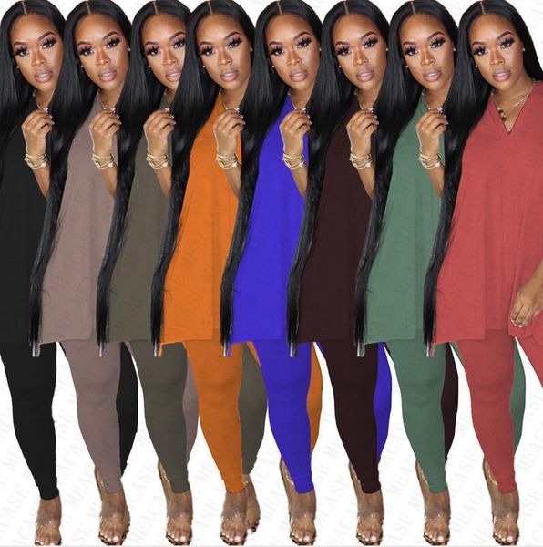 

summer women tracksuit short sleeve shirt split tee + leggings pants two-piece clothing sets solid colors party suits s-3xl d7804, White