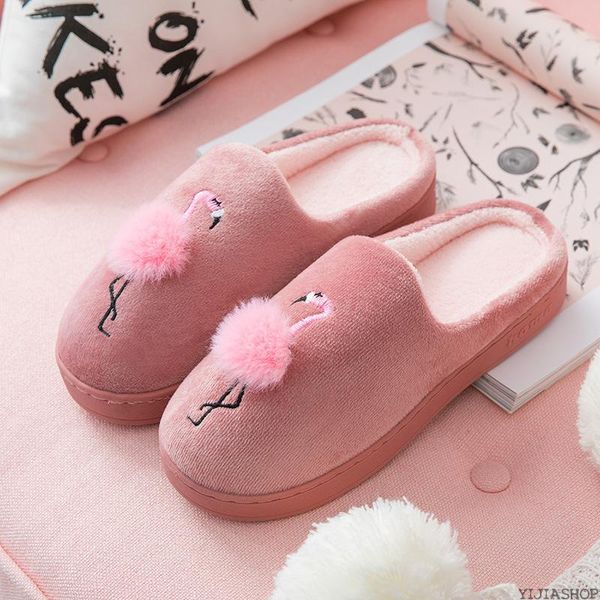 

new winter slippers female large group of flamingo pattern beautiful house slippers woman rubber plush soft home shoes, Black