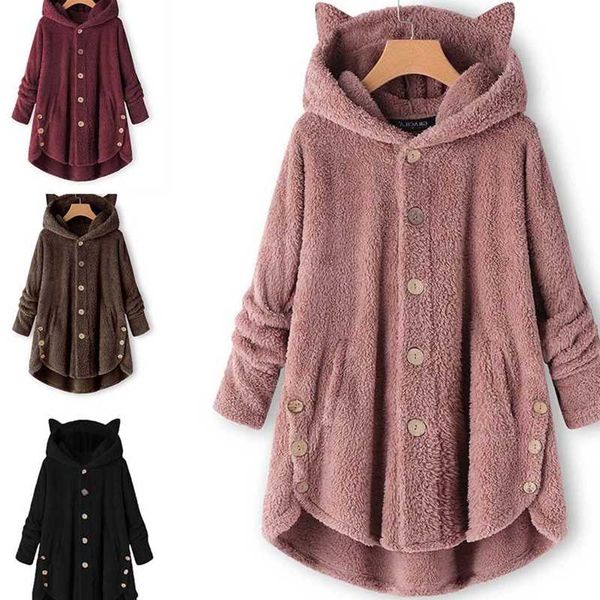 

women jacket winter warm hoodie button loose long plush coat women hooded jacket buttons cute loose solid color warm outwear, Black