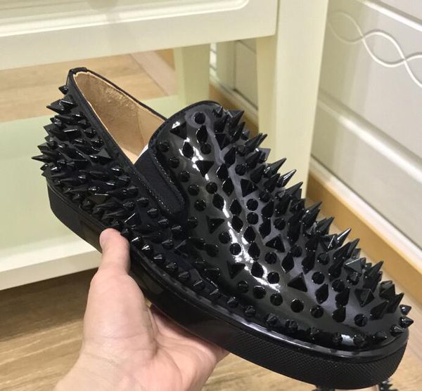 

2019 men and women shoes red bottom sneakers party personality high sole leather high studded spikes designer shoes sneakers, Black