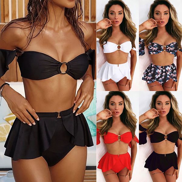 

womens solid ruffles set swimsuit three solid piece filled bra swimwear brazilian beachwear female tankni swimsuits bikini mujer, White;black