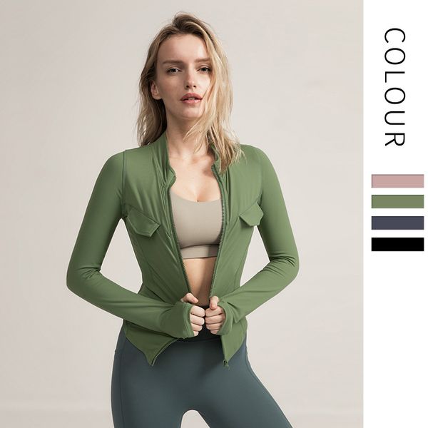 

female running fitness shirts with thumb hole autumn winter sport yoga crop female tooling workout jacket gym shirts, Black;blue