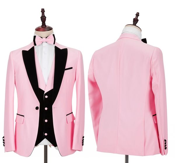

pink new men suit costume 3 pieces black velvet lapel slim fit shawl lapel wedding party groom tuxedo, Black;gray
