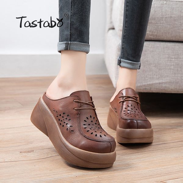 

tastabo genuine leather women's slippers wild platform shoes brown apricot s2616 casual style hollow upper daily shoes light, Black