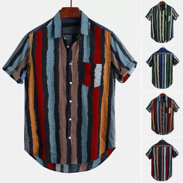 

men's casual shirts luxury stylish mens multi color stripe lump chest pocket short sleeve round hem blouse s, White;black