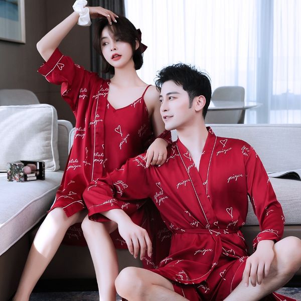 

2020 nightgown sling pajamas men's ice silk couple's pajamas women's autumn thin two-piece suit sling nightgown, Blue;red
